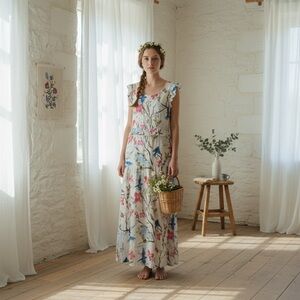 NWT GALANTHYA by Sandra Bazan Maxi Dress Gown Cottagecore Floral Ruffle Sleeve L